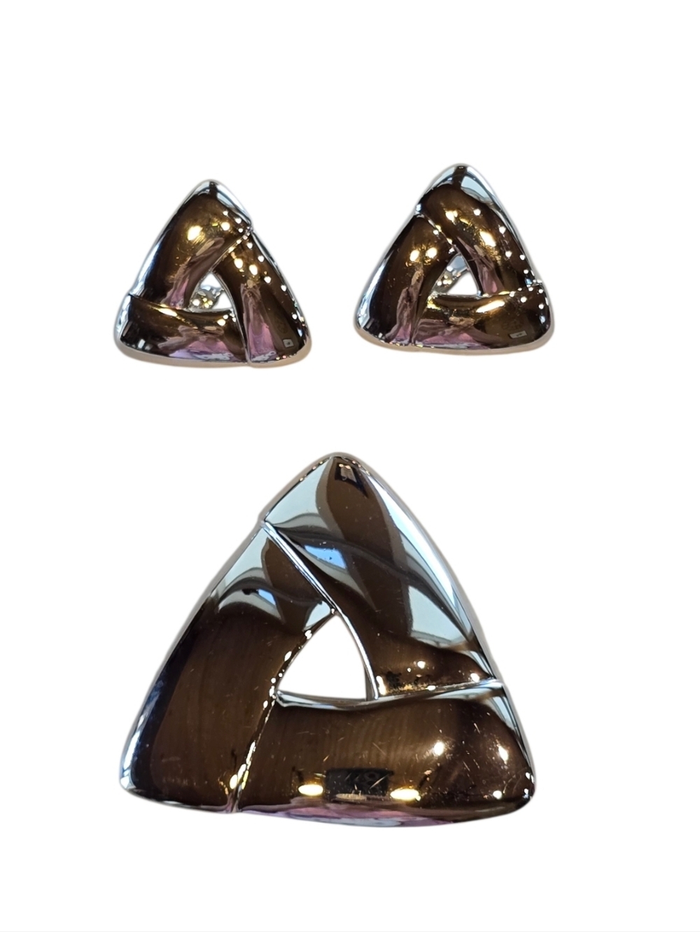 Monet Triangle Silvertone Vintage Brooch Clip Earring Set
